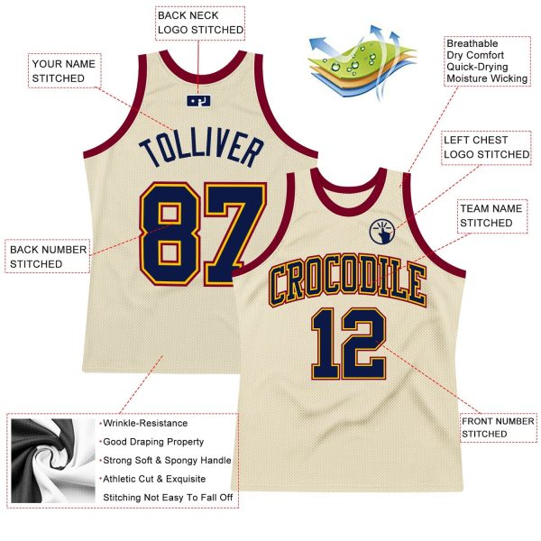 Cream Navy Yellow-Maroon Authentic Throwback Personalized Basketball Jersey - Image 2