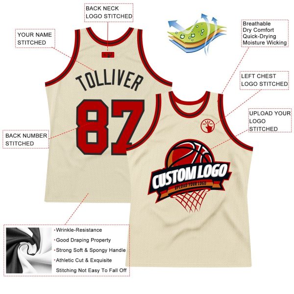 Cream Red-Black Authentic ThrowbackPersonalized Basketball Jersey - Image 2