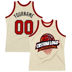 Cream Red-Black Authentic ThrowbackPersonalized Basketball Jersey
