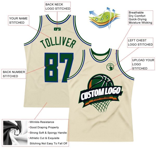 Cream Green-Royal Authentic Throwback Personalized Basketball Jersey - Image 2