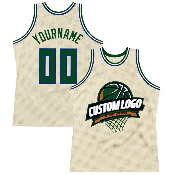 Cream Green-Royal Authentic Throwback Personalized Basketball Jersey