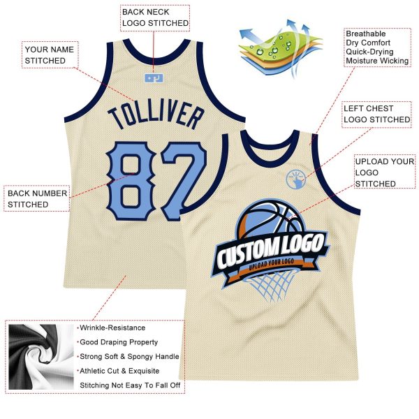 Cream Light Blue-Navy Authentic Throwback Personalized Basketball Jersey - Image 2