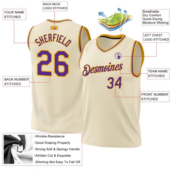 Cream Purple-Gold Authentic Throwback Personalized Basketball Jersey - Image 3
