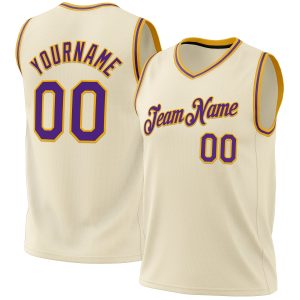 Cream Purple-Gold Authentic Throwback Personalized Basketball Jersey