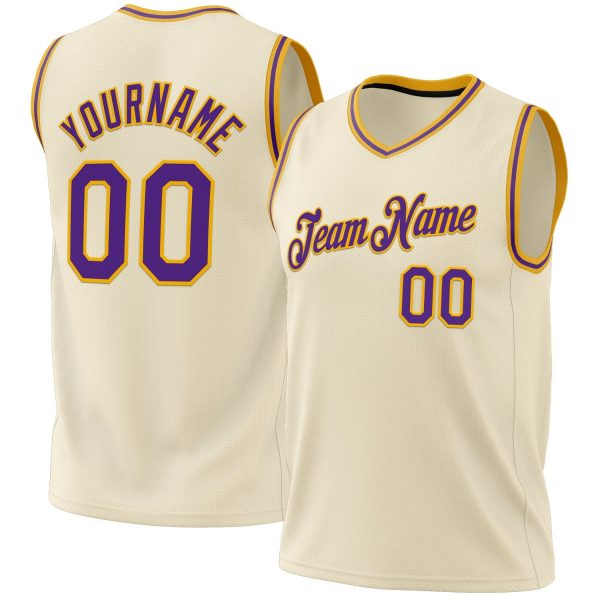Cream Purple-Gold Authentic Throwback Personalized Basketball Jersey