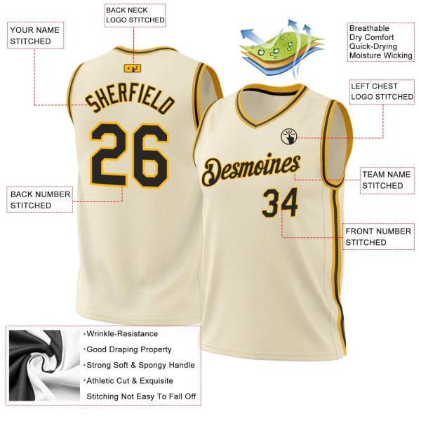 Cream Black-Gold Authentic Throwback Personalized Basketball Jersey - Image 3