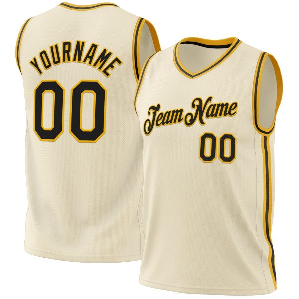 Cream Black-Gold Authentic Throwback Personalized Basketball Jersey