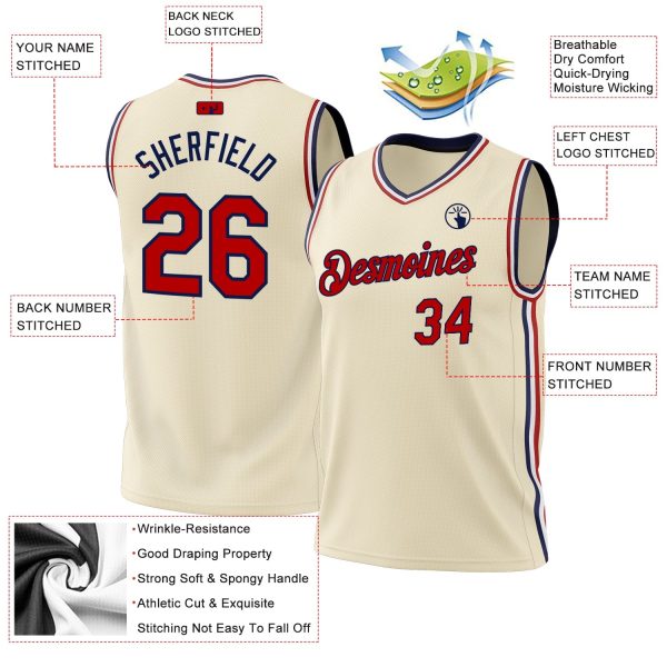 Cream Red-Navy Authentic Throwback Personalized Basketball Jersey - Image 3