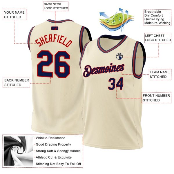 Cream Navy-Red Authentic Throwback Personalized Basketball Jersey - Image 3
