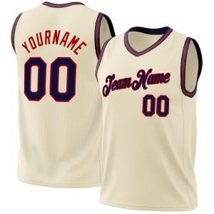 Cream Navy-Red Authentic Throwback Personalized Basketball Jersey