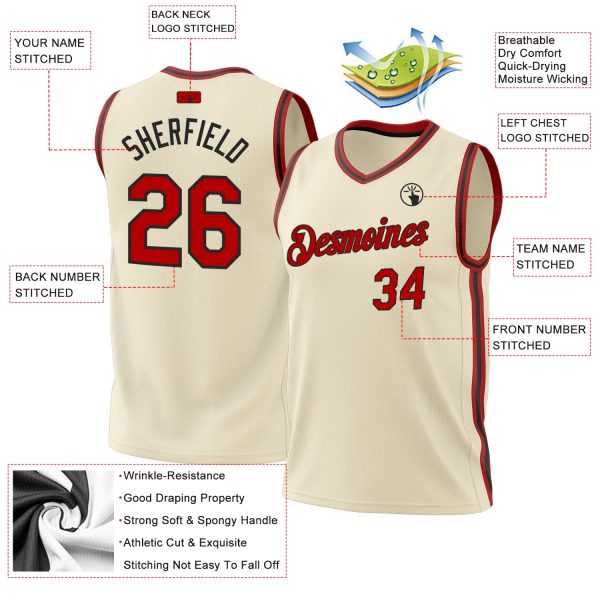 Cream Red-Black Authentic Throwback Personalized Basketball Jersey - Image 3