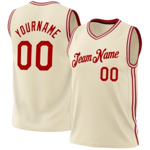 Cream Red-White Authentic Throwback Personalized Basketball Jersey