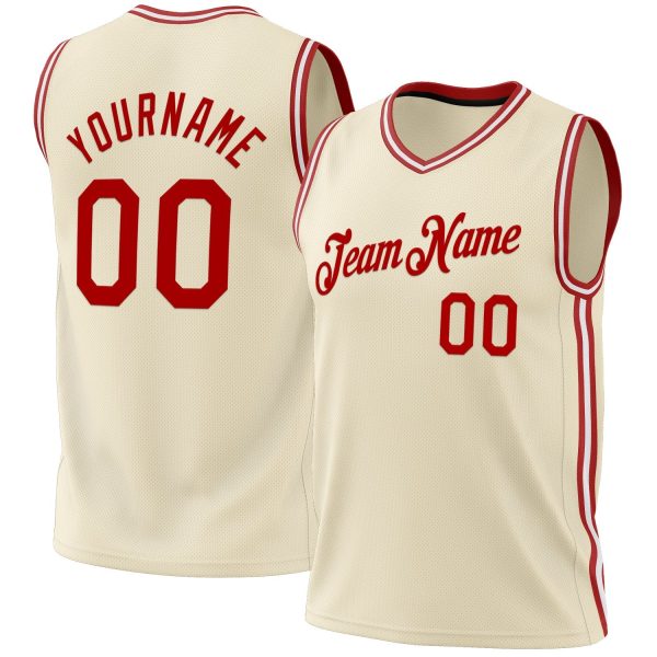 Cream Red-White Authentic Throwback Personalized Basketball Jersey