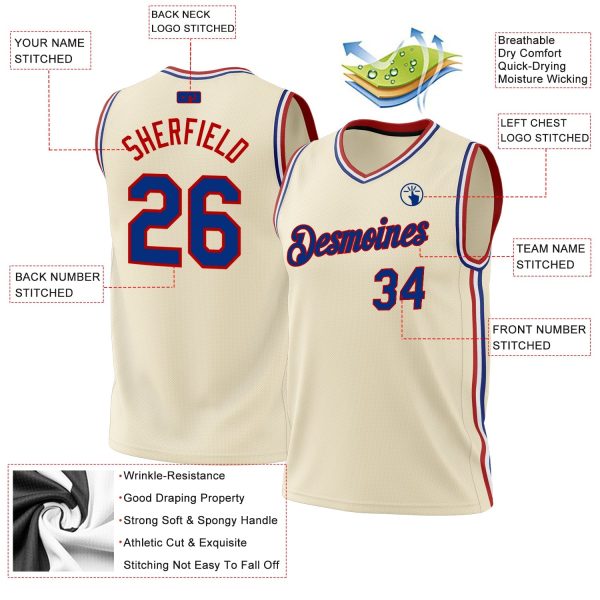 Cream Royal-Red Authentic Throwback Personalized Basketball Jersey - Image 3