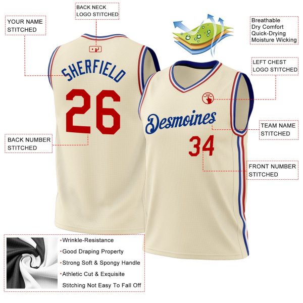 Cream Red-Royal Authentic Throwback Personalized Basketball Jersey - Image 3