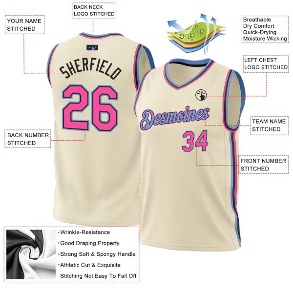 Cream Pink Black-Light Blue Authentic Throwback Personalized Basketball Jersey - Image 3
