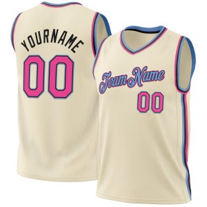 Cream Pink Black-Light Blue Authentic Throwback Personalized Basketball Jersey