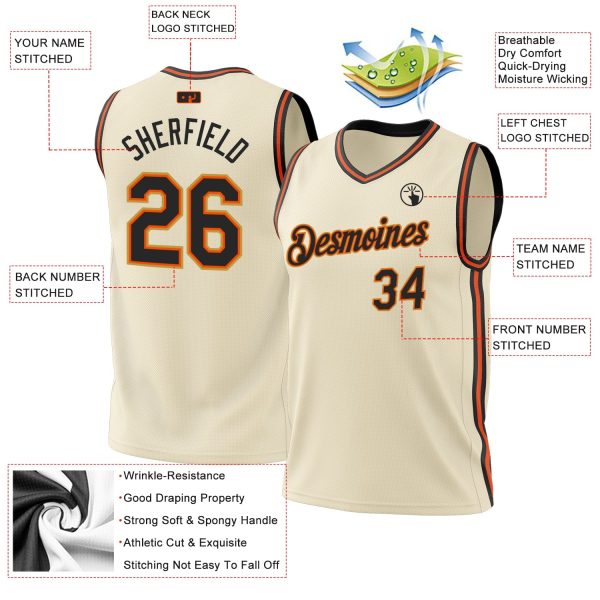 Cream Black Orange-Old Gold Authentic Throwback Personalized Basketball Jersey - Image 3