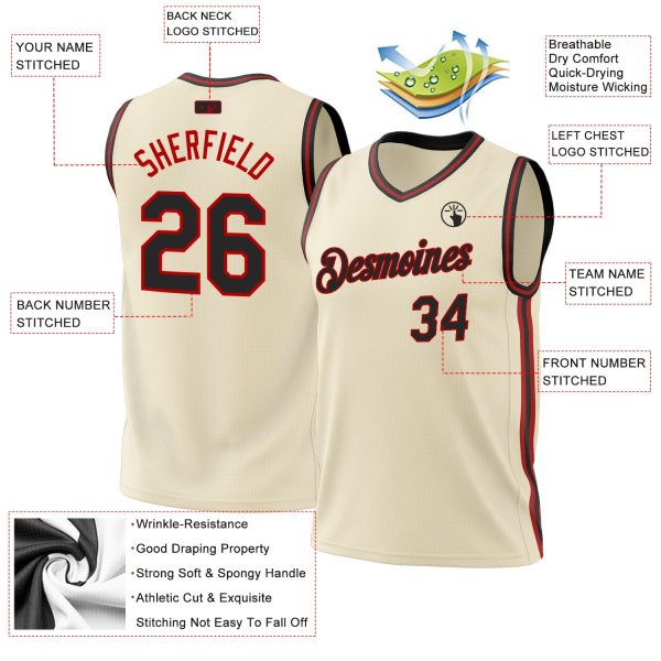 Cream Black-Red Authentic Throwback Personalized Basketball Jersey - Image 3