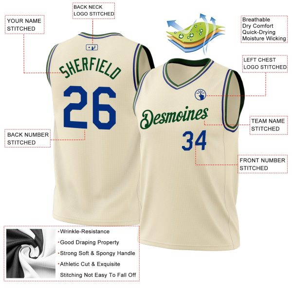 Cream Royal-Green Authentic Throwback Personalized Basketball Jersey - Image 3