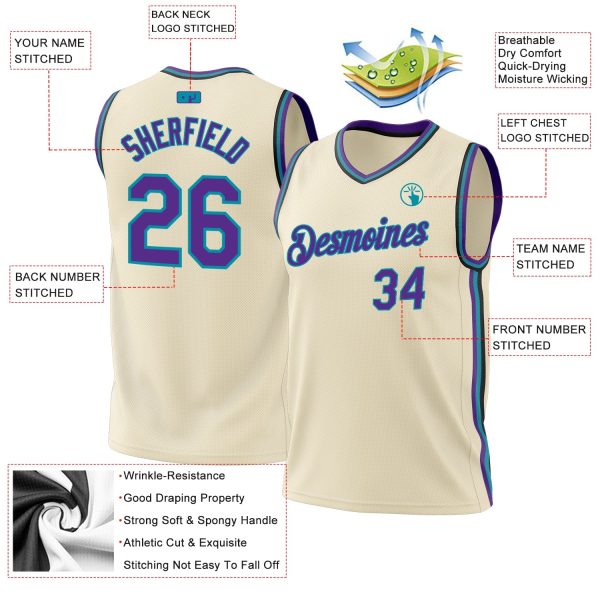 Cream Purple Teal-Black Authentic Throwback Personalized Basketball Jersey - Image 3