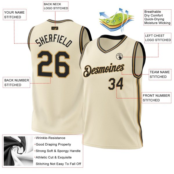 Cream Black-Old Gold Authentic Throwback Personalized Basketball Jersey - Image 3