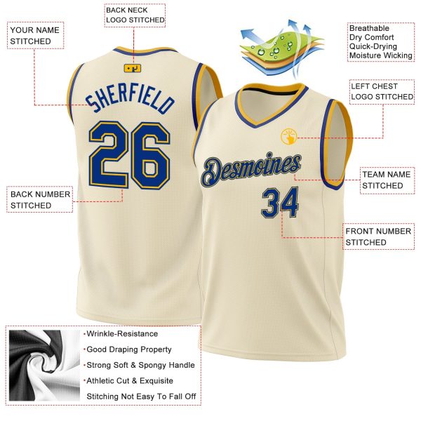 Cream Royal-Gold Authentic Throwback Personalized Basketball Jersey - Image 3