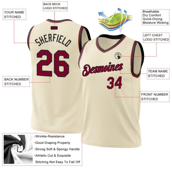 Cream Maroon-Black Authentic Throwback Personalized Basketball Jersey - Image 3