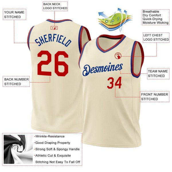 Cream Red-Royal Authentic Throwback Personalized Basketball Jersey - Image 3