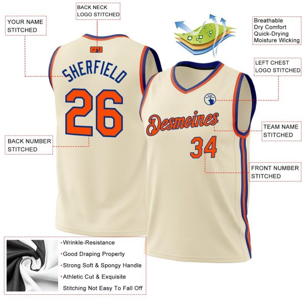 Cream Orange-Royal Authentic Throwback Personalized Basketball Jersey - Image 3