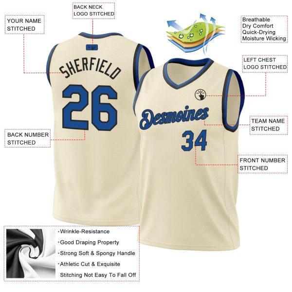 Cream Blue-Black Authentic Throwback Personalized Basketball Jersey - Image 3