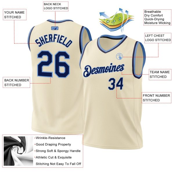 Cream Navy-Light Blue Authentic Throwback Personalized Basketball Jersey - Image 3