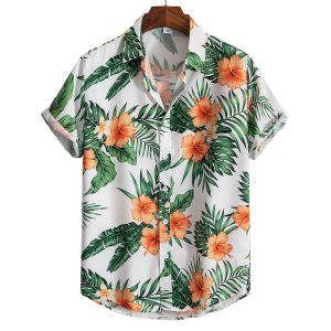 Hawaiian Shirt for Men with Tropical Hibiscus and Leaf Print - Summer Beach Shirt for Casual and Vacation Wear