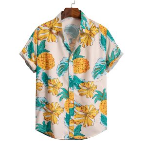 Hawaiian Shirt for Men with Tropical Pineapple and Hibiscus Print - Summer Beach Shirt for Casual and Vacation Wear