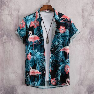 Flamingo Hawaiian Shirt for Men - Tropical Flower & Palm Print