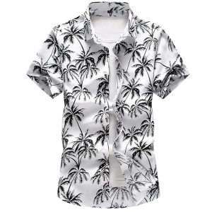 Hawaiian Shirt for Men with Black and White Palm Tree Print - Summer Beach Shirt for Casual and Vacation Wear