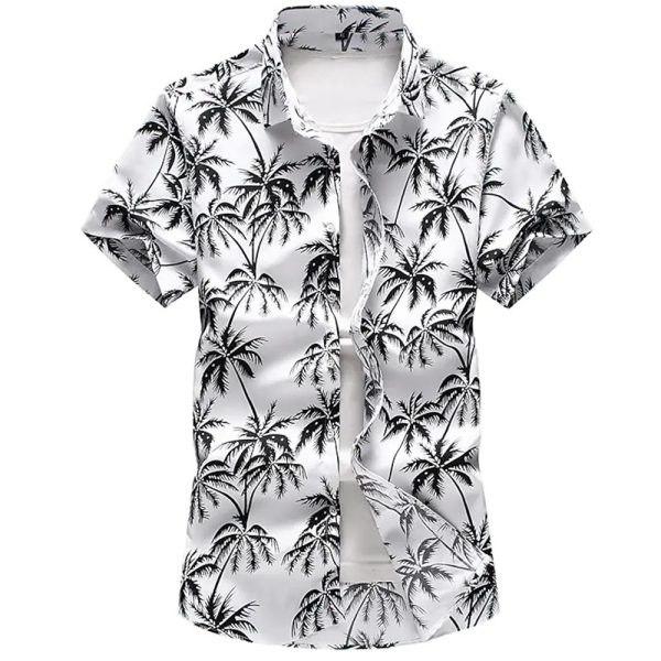 Hawaiian Shirt for Men with Black and White Palm Tree Print - Summer Beach Shirt for Casual and Vacation Wear