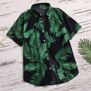 Hawaiian Shirt for Men with Tropical Green Leaf Print - Casual Summer Shirt for Beach and Vacation Wear