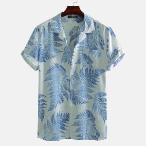 Hawaiian Shirt for Men with Blue Fern Print - Perfect Summer Shirt for Beach and Vacation