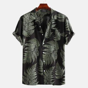 Hawaiian Shirt for Men with Black Fern Print - Tropical Summer Shirt for Vacation and Beach Wear