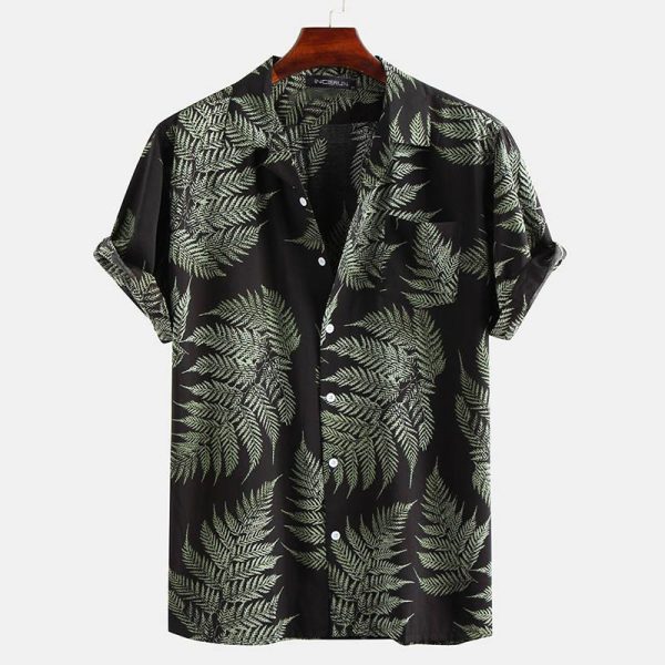 Hawaiian Shirt for Men with Black Fern Print - Tropical Summer Shirt for Vacation and Beach Wear