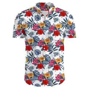 Hawaiian Shirt for Men with Hibiscus Floral Print and Tropical Palm Trees - Summer Beach Shirt for Casual and Vacation Wear