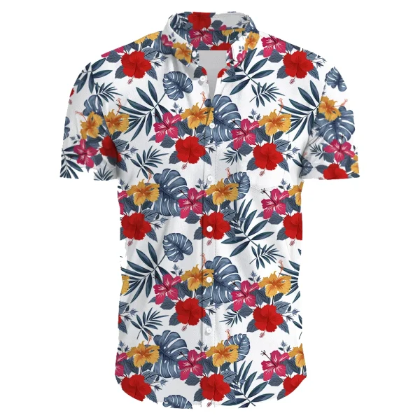 Hawaiian Shirt for Men with Hibiscus Floral Print and Tropical Palm Trees - Summer Beach Shirt for Casual and Vacation Wear