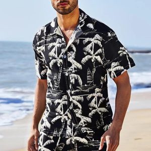 Hawaiian Shirt for Men with Black Palm Tree Print - Summer Beach Shirt for Vacation and Casual Wear