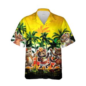Hawaiian Shirt for Men with Dancing Cats Print - Fun Button-Down Shirt for Beach and Vacation