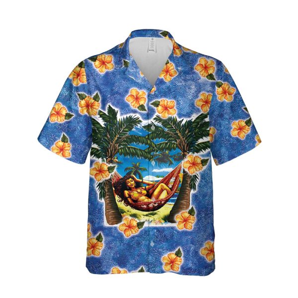 Hawaiian Shirt for Men with Tropical Hammock and Hibiscus Print - Casual Button-Down Shirt for Beach and Vacation