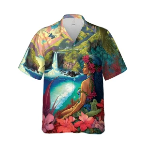 Hawaiian Shirt for Men with Tropical Waterfall and Hula Dancer Print - Casual Button-Down Shirt for Beach and Vacation