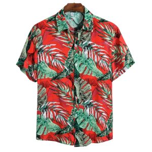 Hawaiian Shirt for Men with Tropical Red Palm Leaf Print - Summer Vacation Shirt