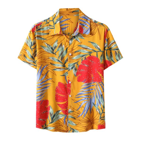 Tropical Hawaiian Shirt for Men with Bold Red Leaf Print - Casual Button-Down Shirt for Beach and Vacation
