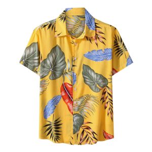 Tropical Hawaiian Shirt for Men with Vibrant Leaf Print - Casual Button-Down Shirt for Beach and Vacation